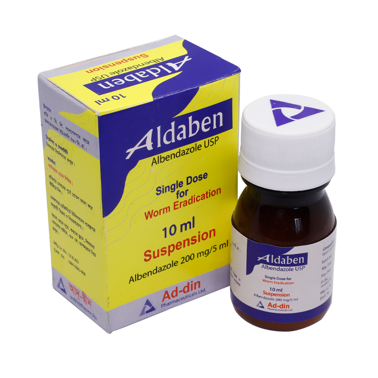 Pack Image: Aldaben 200 mg Suspension (10 ml bottle)