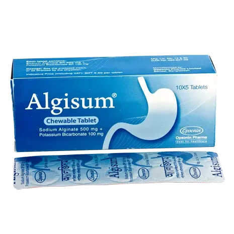 Pack Image: Algisum 500 mg Chewable Tablet (5 x 10)