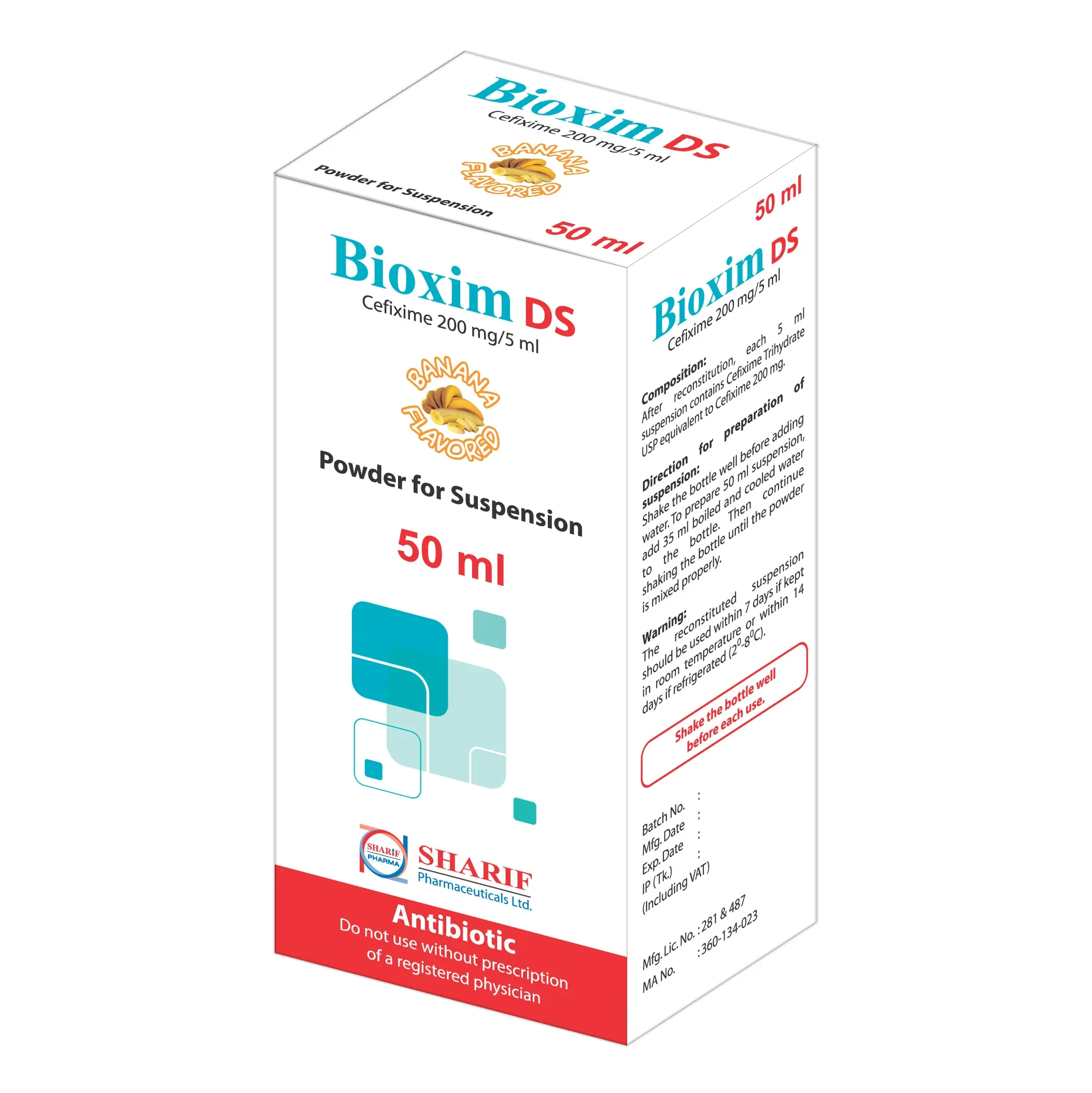 Pack Image: Bioxim DS 200 mg Suspension (50 ml bottle)