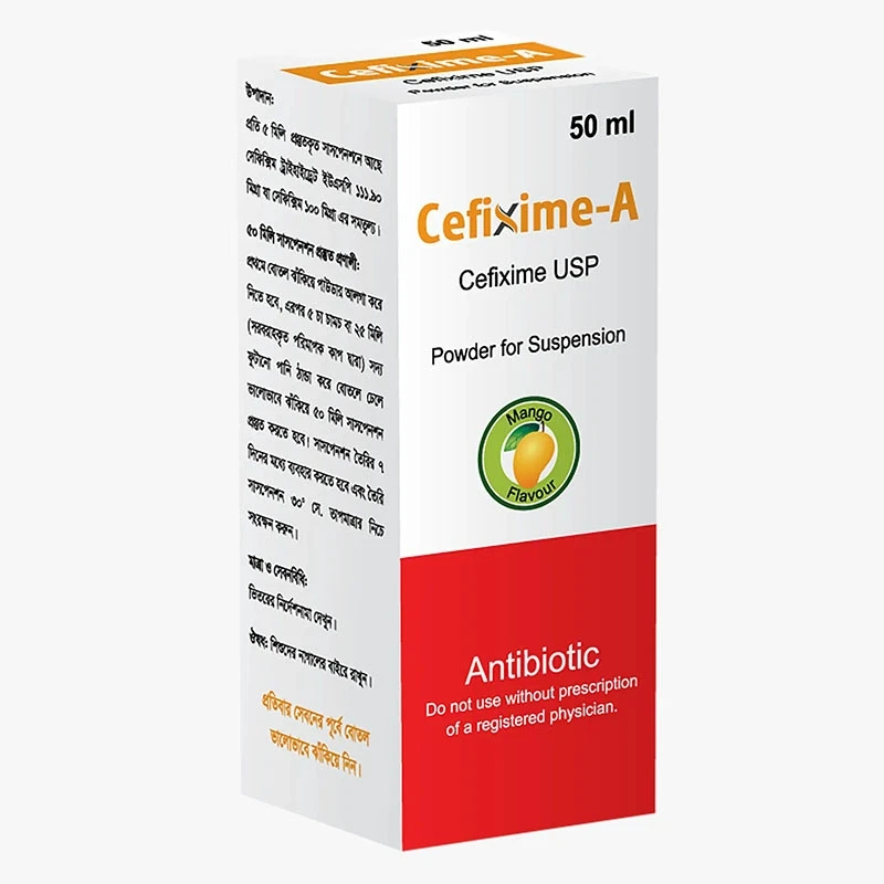 Pack Image: Cefixime-A 100 mg Suspension (50 ml bottle)