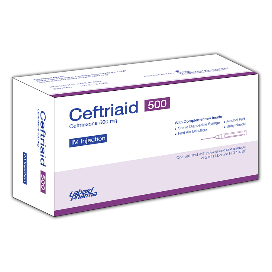 Pack Image: Ceftriaid 500 mg Injection (500 mg vial)