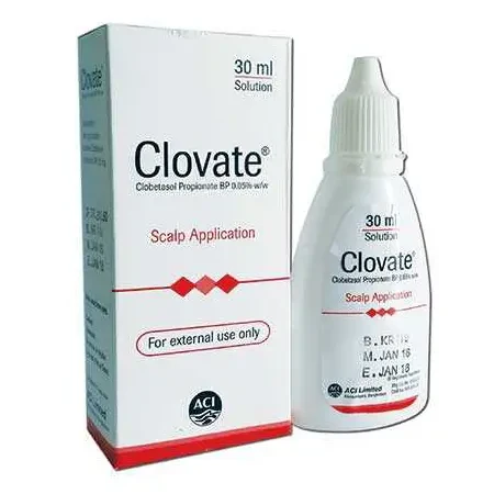 Pack Image: Clovate 0.05% Scalp Solution (30 ml bottle)
