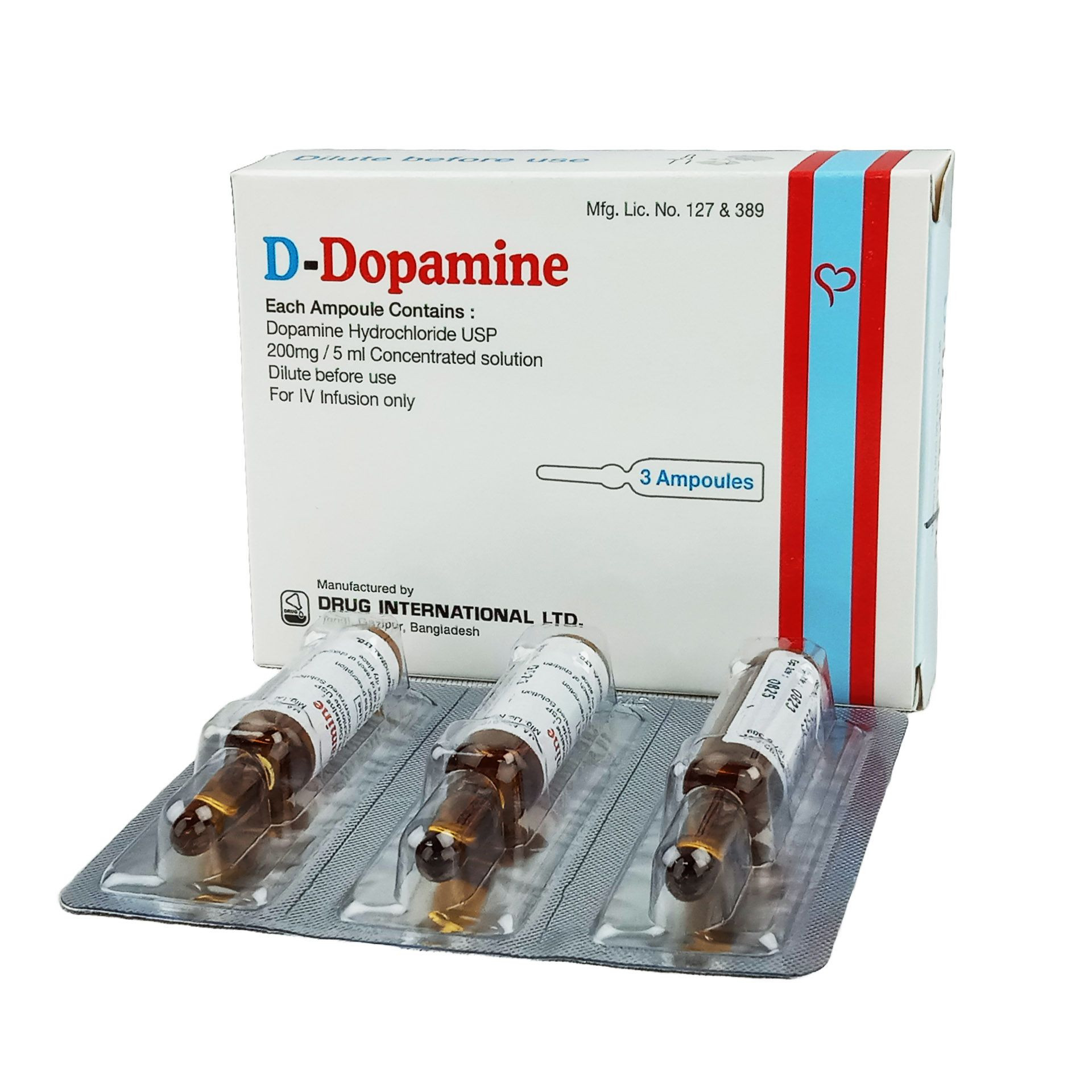 Pack Image: D-Dopamine 200 mg Injection (5 ml ampoule)