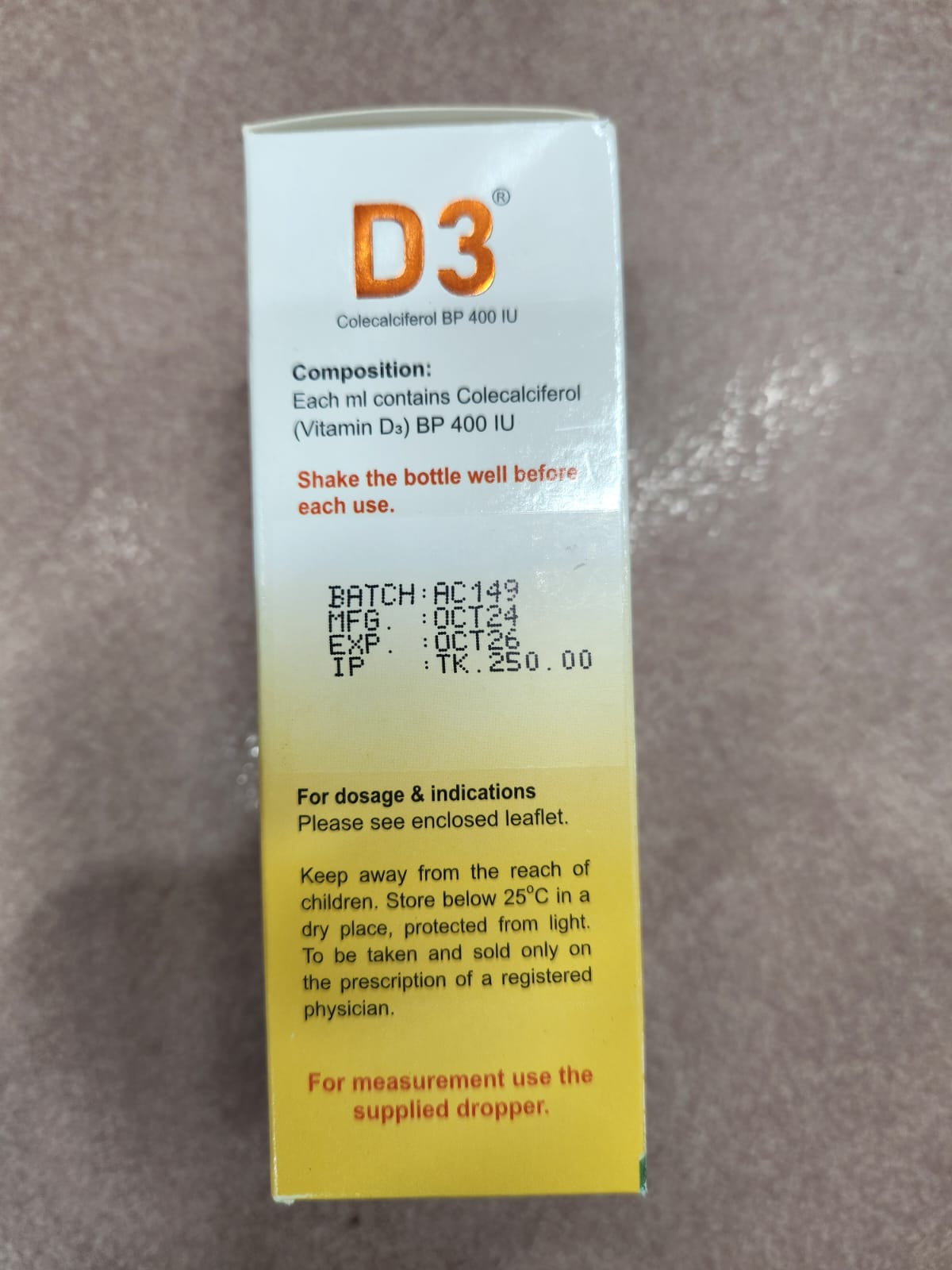 Pack Image: D3 400 IU Oral Solution (50 ml bottle)