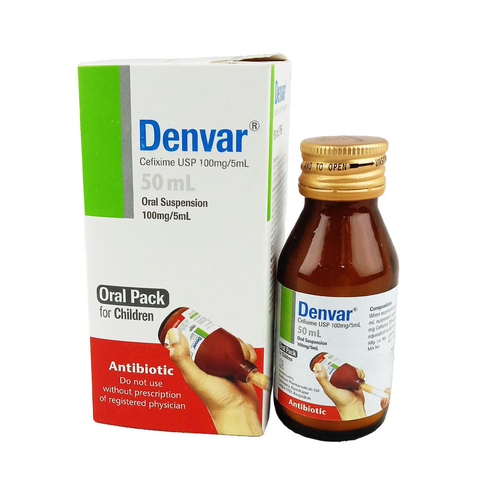 Pack Image: Denvar 100 mg Suspension (30 ml bottle)