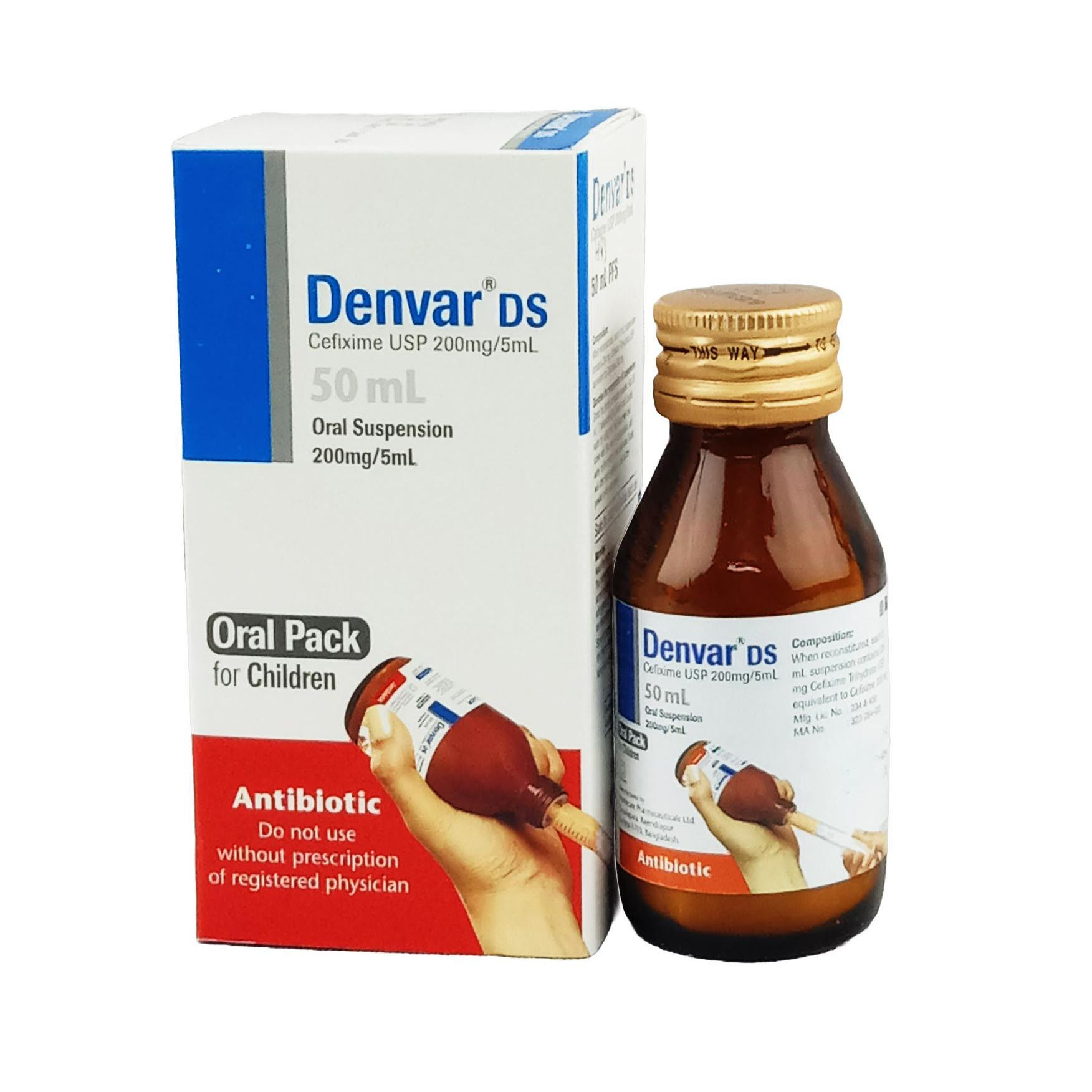 Pack Image: Denvar DS 200 mg Suspension (37.5 ml bottle)