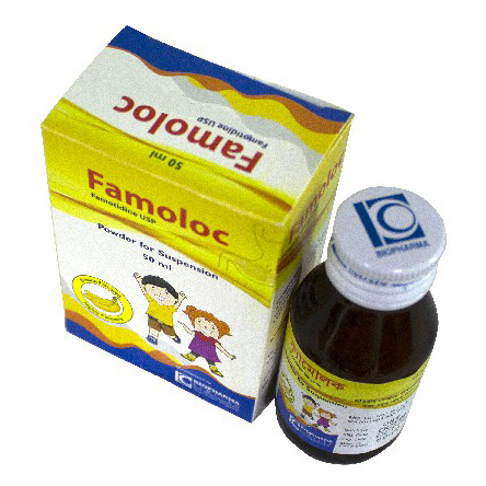 Pack Image: Famoloc 40 mg Suspension (50 ml bottle)