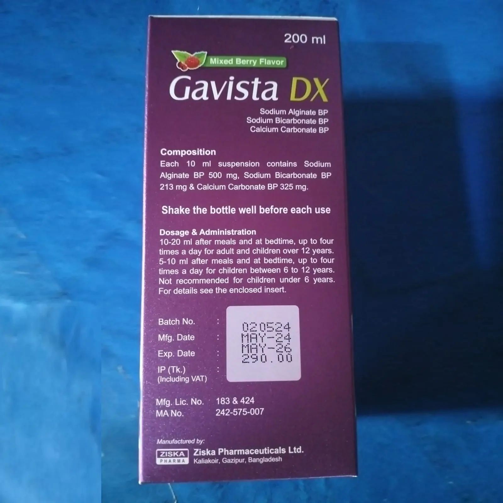 Pack Image: Gavista DX (500 mg Suspension (200 ml bottle)