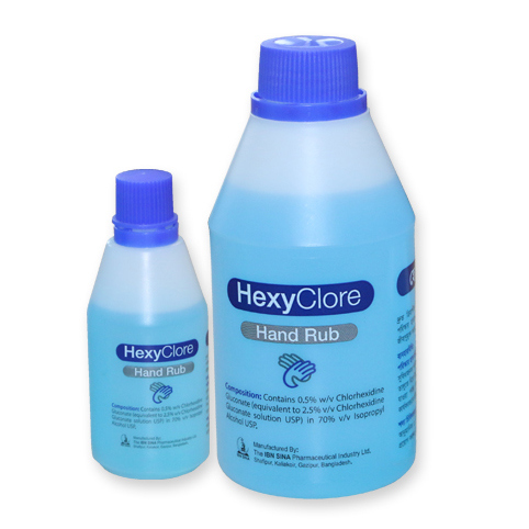 Pack Image: HexyClore 0.5% 70% Hand Rub (50 ml bottle)