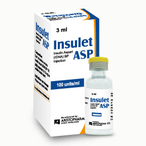 Pack Image: Insulet ASP 100 IU Injection (3 ml vial)
