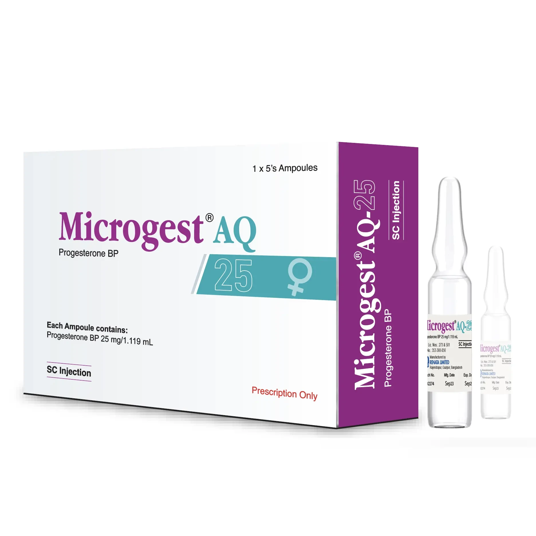 Pack Image: Microgest AQ-25 25 mg Injection (1.119 ml ampoule)