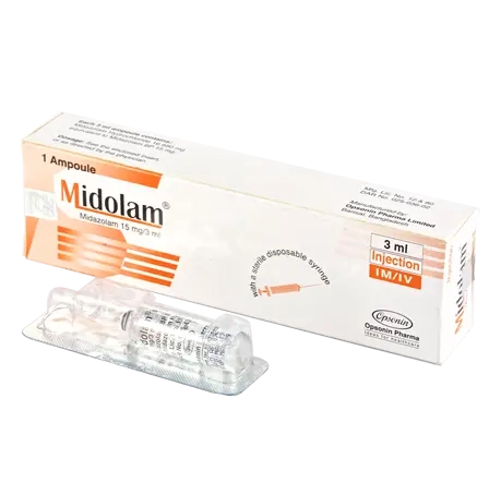 Pack Image: Midolam 15 mg Injection (3 ml ampoule)