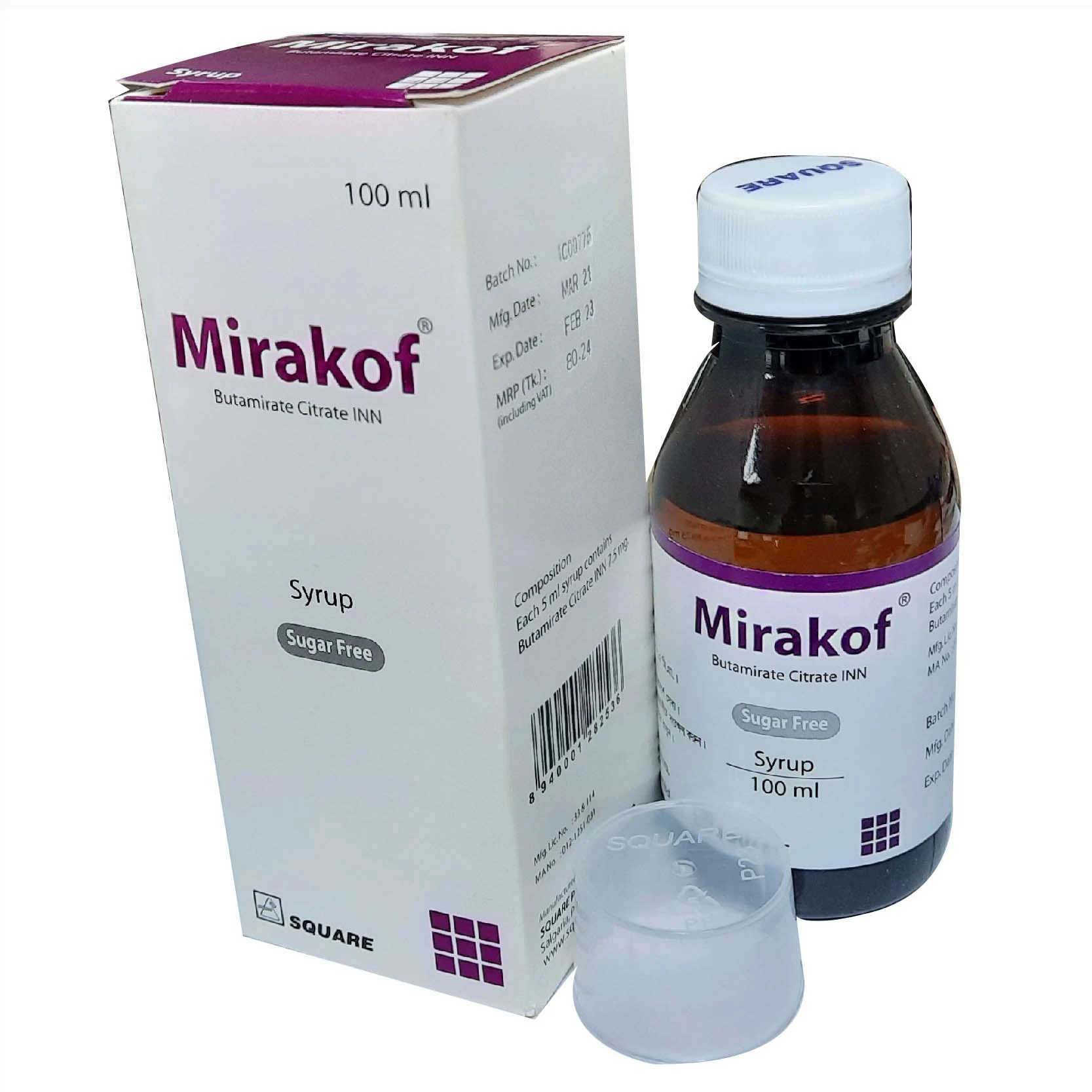 Pack Image: Mirakof 7.5 mg Syrup (100 ml bottle)