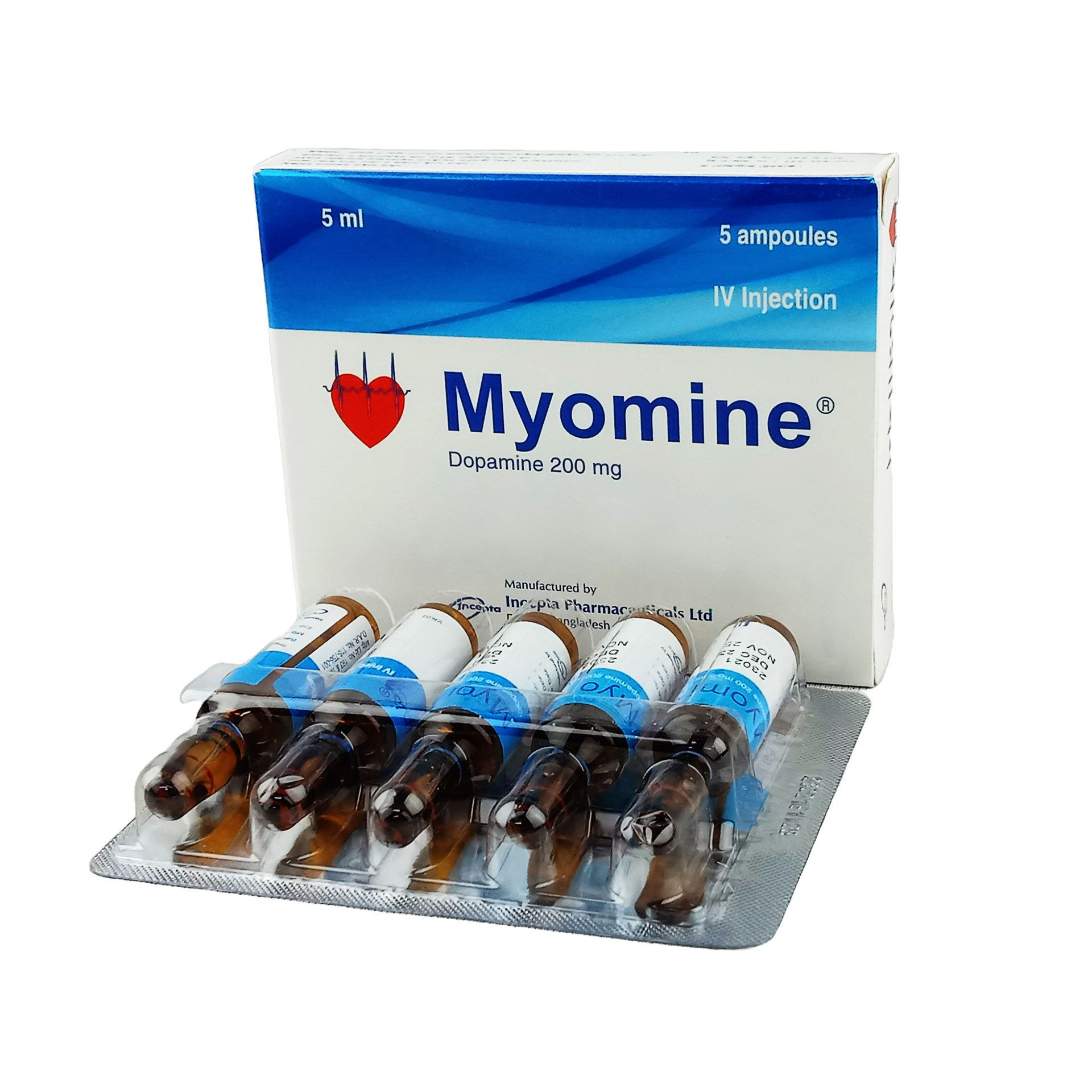 Pack Image: Myomine 200 mg Injection (5 ml ampoule)