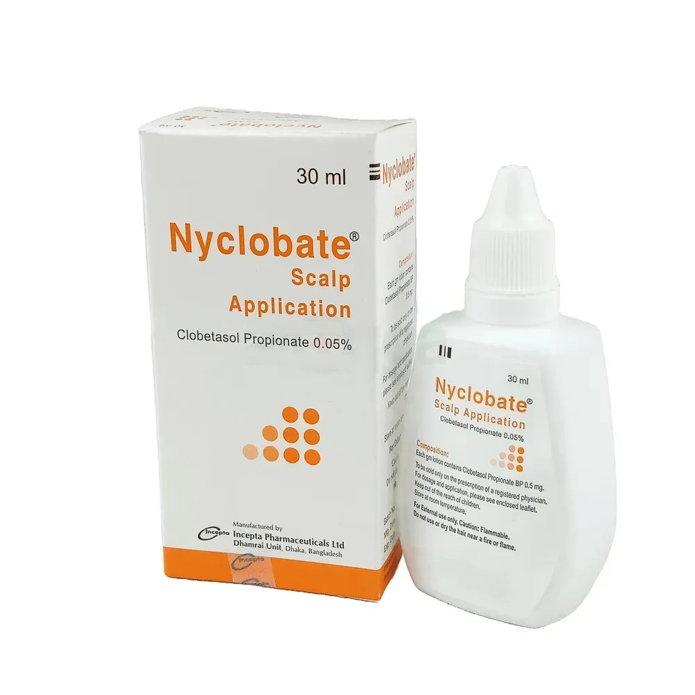 Pack Image: Nyclobate 0.05% Scalp Solution (30 ml bottle)