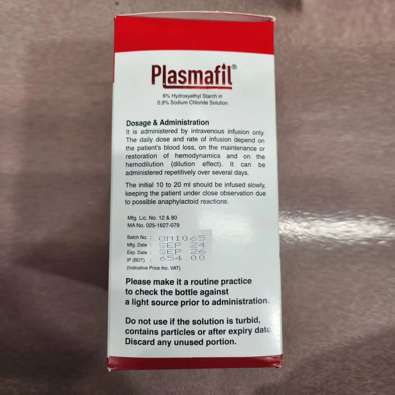Pack Image: Plasmafil 6% 0.9% Injection (500 ml bottle)