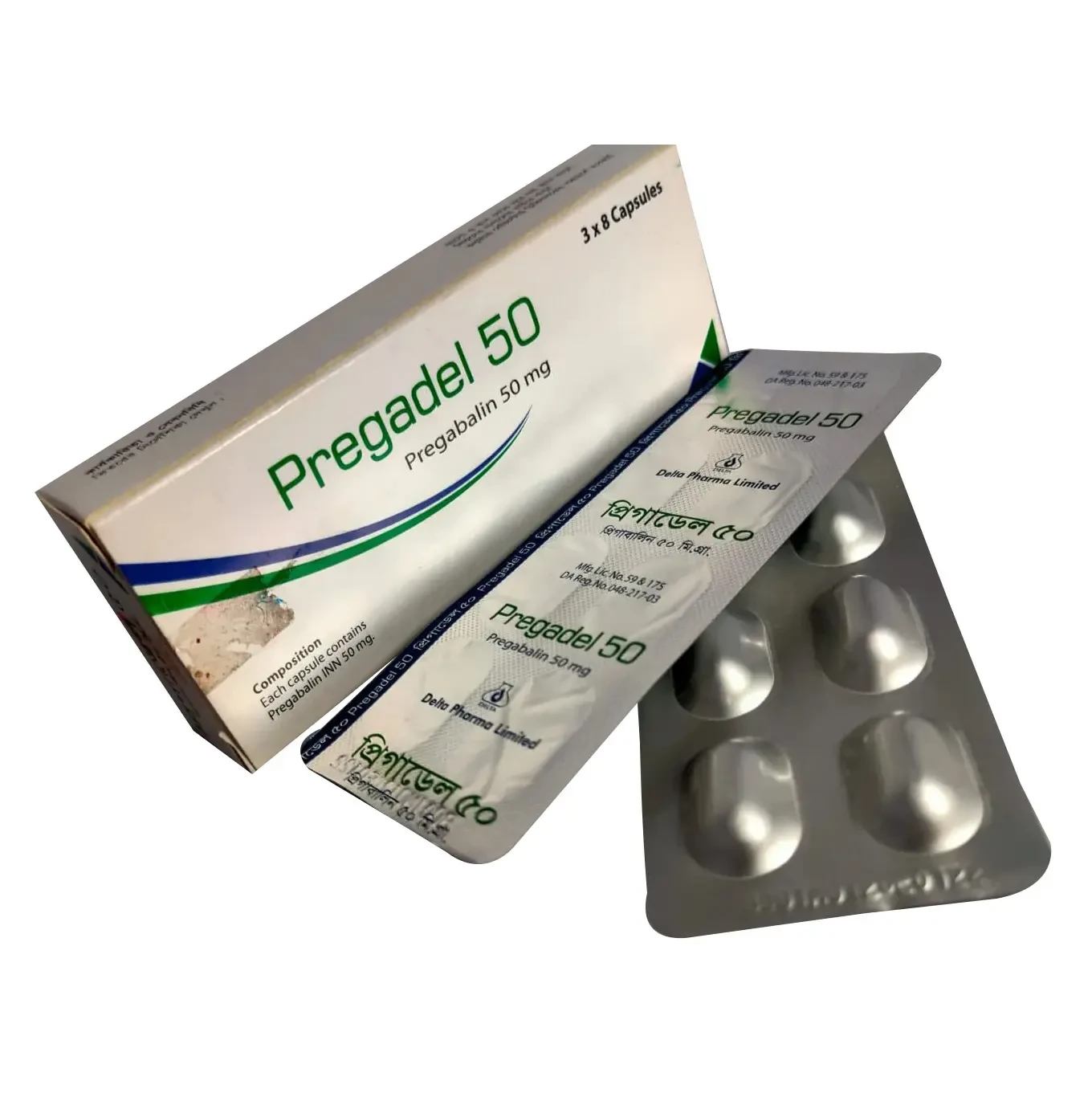Pack Image: Pregadel 50 mg Capsule (3 x 8)