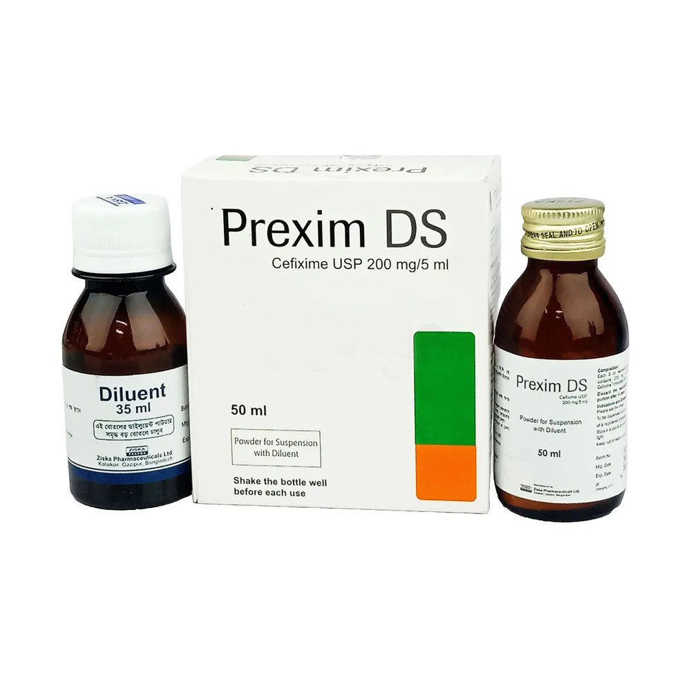 Pack Image: Prexim DS 200 mg Suspension (50 ml bottle)