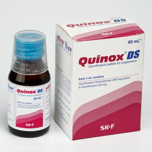 Pack Image: Quinox DS 250 mg Suspension (60 ml bottle)