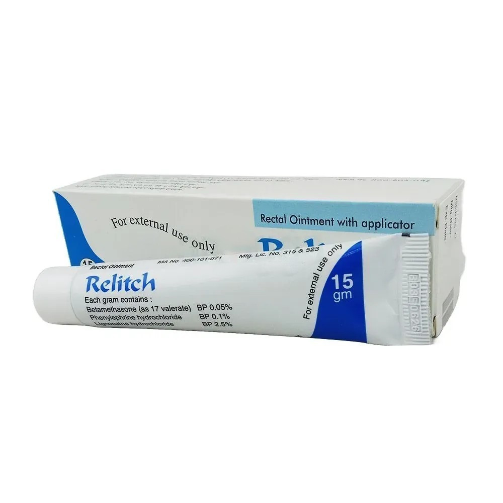 Pack Image: Relitch 0.05% 0.1% Rectal Ointment (15 mg tube)
