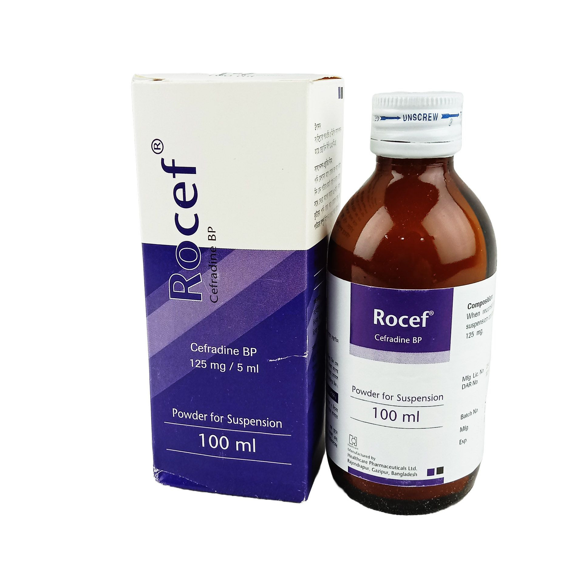 Pack Image: Rocef 125 mg Suspension (100 ml bottle)