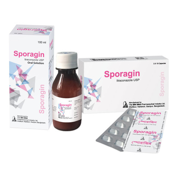 Pack Image: Sporagin 50 mg Oral Solution (100 ml bottle)