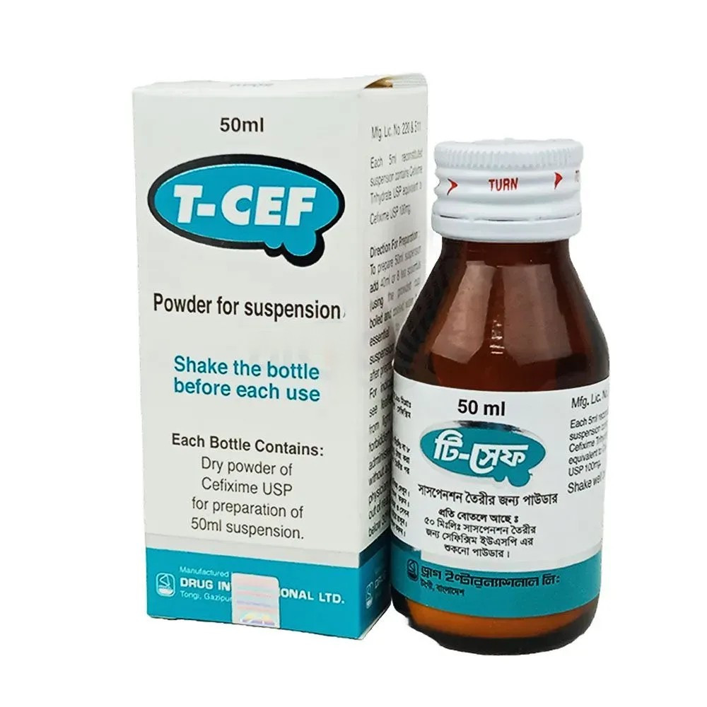 Pack Image: T-Cef 100 mg Suspension (30 ml bottle)