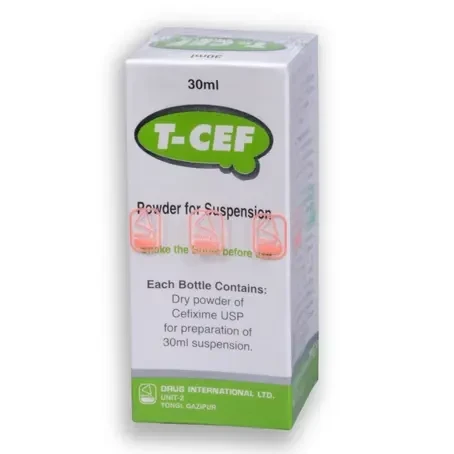 Pack Image: T-Cef 100 mg Suspension (50 ml bottle)