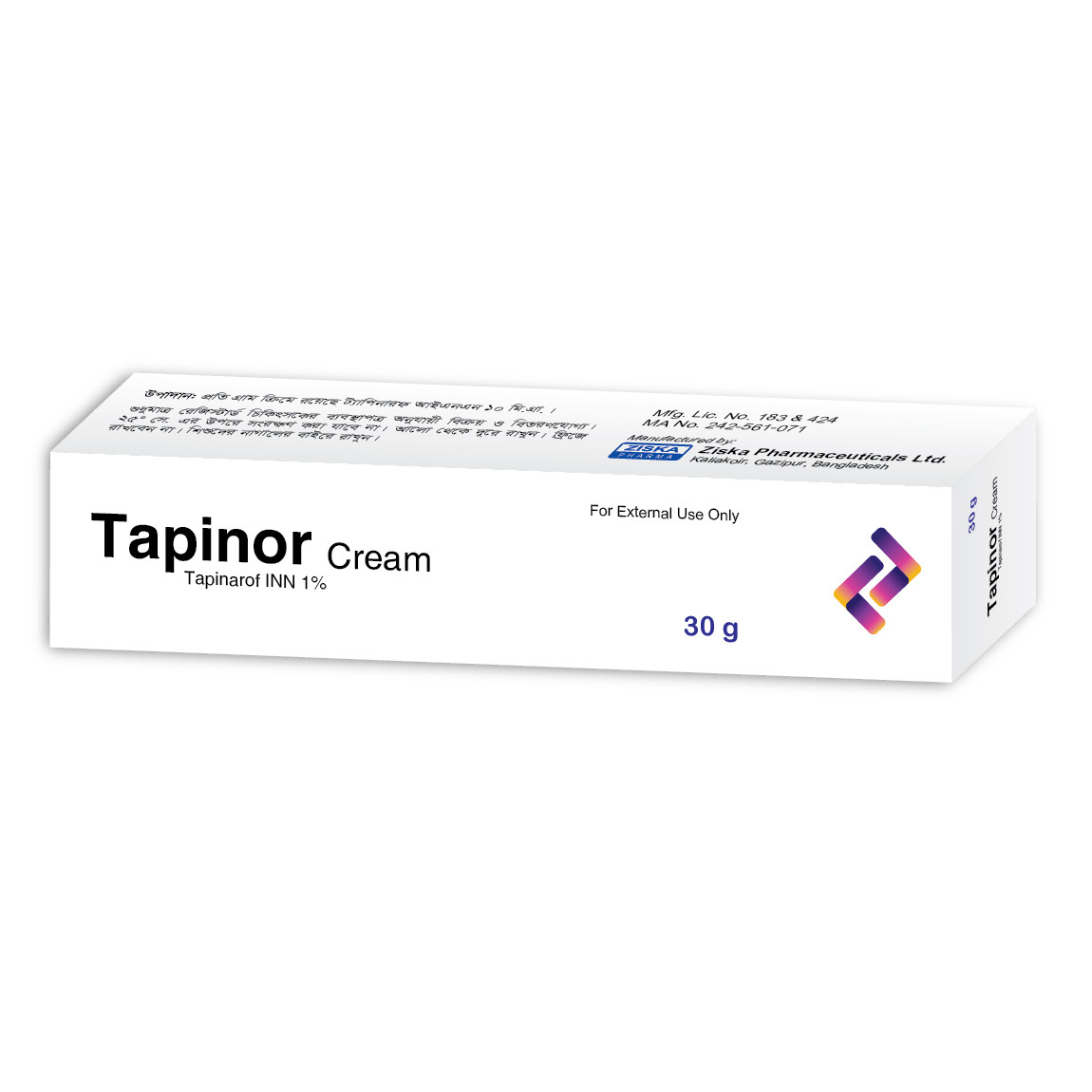 Pack Image: Tapinor 1% Cream (30 gm tube)